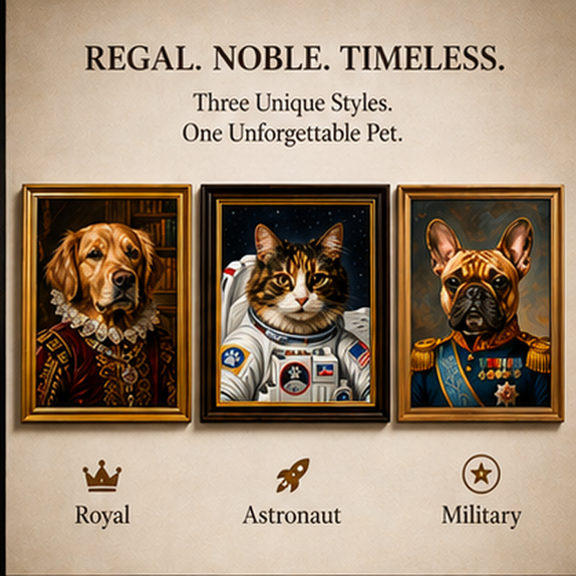 Custom Pet Portrait Oil Painting – Hand-Painted Royal, Astronaut or Military Style Canvas